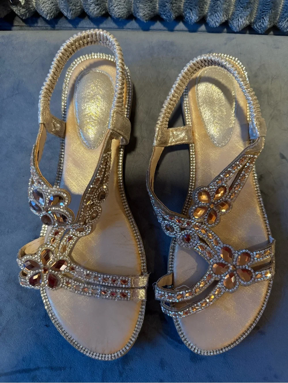 Women's Embellished Metallic Rosegold T-Strap Sandals